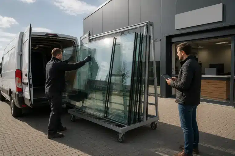 medewerker tilt dubbelglasplaten van een transportrek naar een bestelbus terwijl klant de order controleert