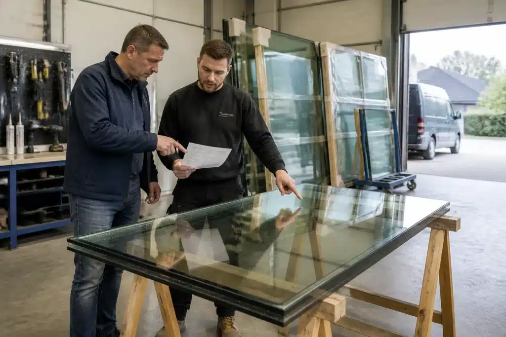 grote ruit dubbelglas op houten bok terwijl glaszetter en klant samen de bestelling controleren