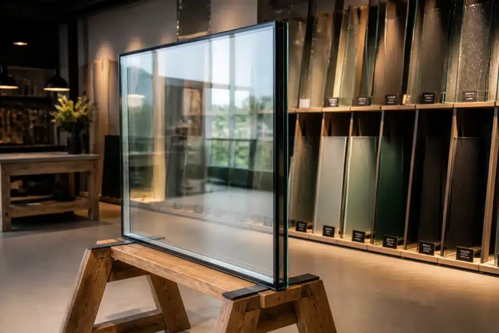 grote ruit dubbelglas op houten bok in nette werkplaats met glasrekken en prijslabels op de achtergrond