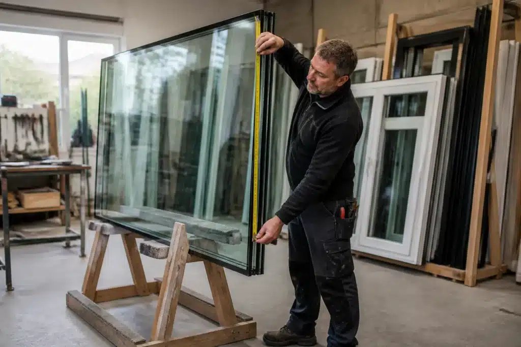 glaszetter meet een grote ruit dubbelglas op een houten bok in een werkplaats in overijssel