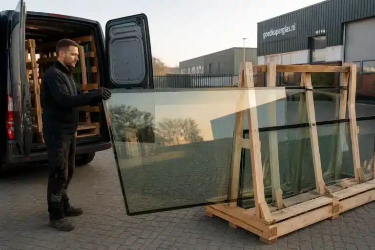 monteur haalt grote op maat gemaakte dubbelglasruit uit rek naast bestelbus bij glasbedrijf