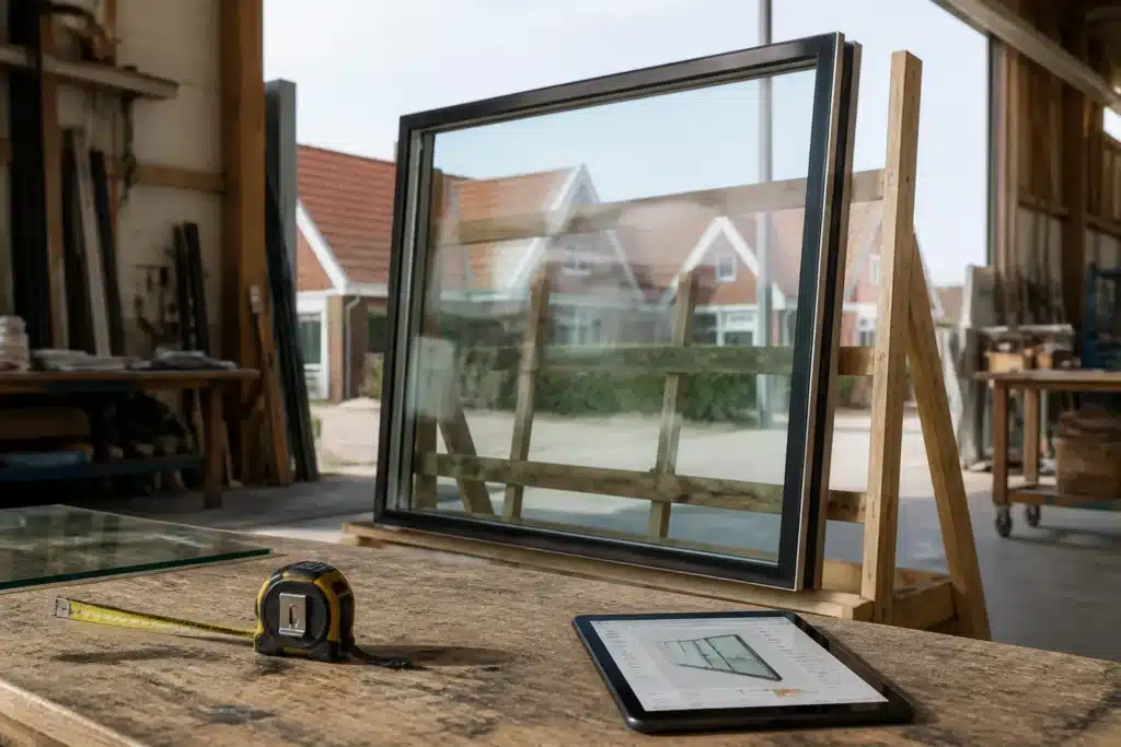 hr++ dubbelglas op houten bok in werkplaats in Staphorst met meetlint en tablet op werkbank