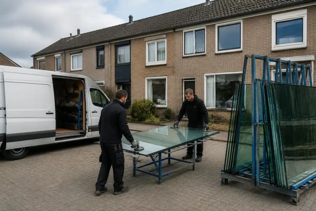 monteurs halen grote dubbelglasplaat van transportrek naast bestelbus op woonerf met rijtjeshuizen