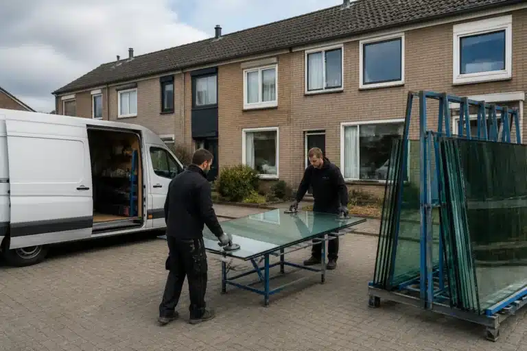 monteurs halen grote dubbelglasplaat van transportrek naast bestelbus op woonerf met rijtjeshuizen