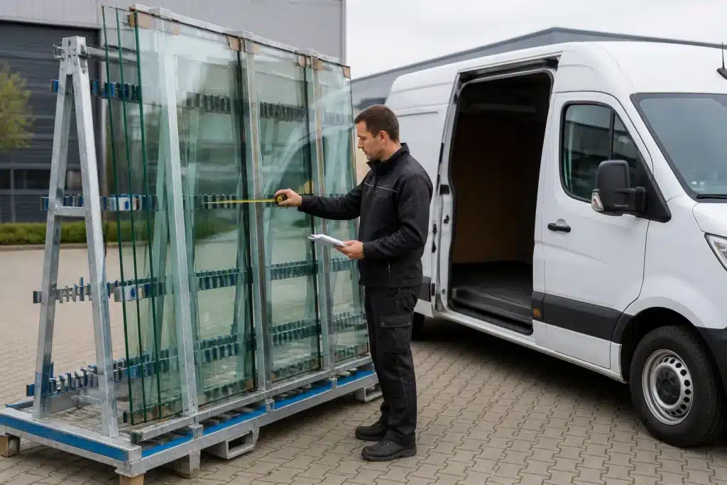 monteur die dubbelglasplaten op een transportrek naast een bestelbus nauwkeurig inspecteert