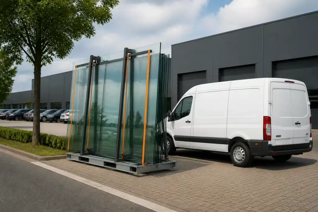 transportrek met grote dubbelglasplaten naast een bestelbus als herkenbaar oriëntatiepunt op een bedrijventerrein