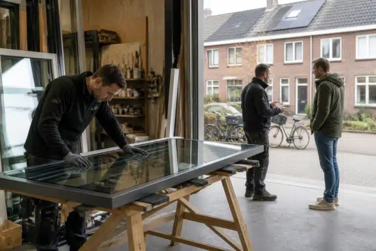 grote ruit dubbelglas op houten bok in werkplaats met monteurs en rijtjeswoningen buiten