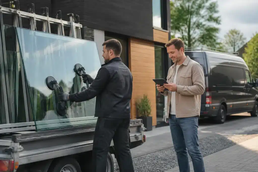 glaszetter tilt met zuignappen een grote ruit uit een aanhanger terwijl klant naast hem op tablet iets bevestigt