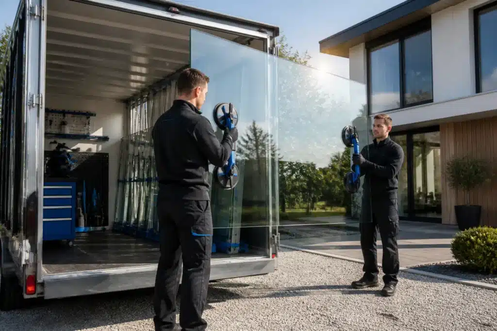 grote glazen ruit met zuignappen uit een aanhanger getild door glaszetters voor een moderne woning