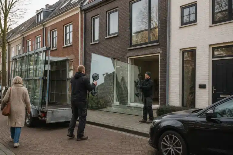 glaszetters tillen met zuignappen een grote ruit uit een aanhanger bij een rijtjeshuis in een rustige straat