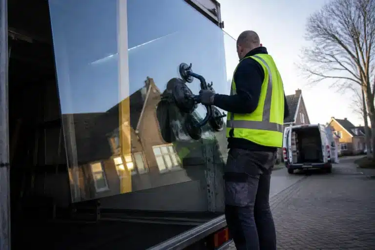 glaszetter tilt grote maatwerk-ruit uit een aanhanger voor een woning in een rustige straat