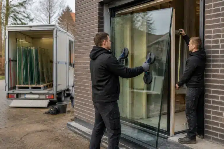 monteurs plaatsen een grote glazen ruit met zuignappen voor een raamkozijn naast een open aanhanger