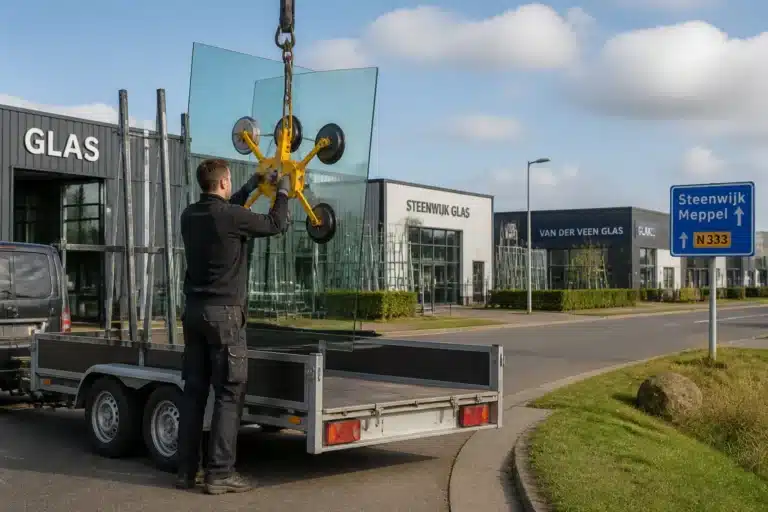 monteur tilt grote glazen ruit met zuignappen uit aanhanger op bedrijventerrein in steenwijk