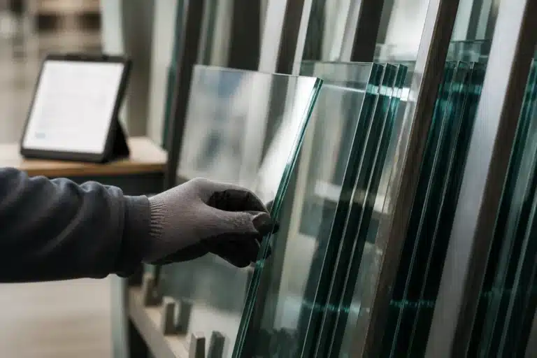 medewerker trekt een glasplaat naar voren uit een rek met schuin gestapeld glas