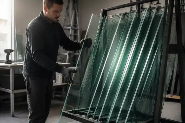 monteur schuift een glasplaat in een rek met schuin gestapelde glasplaten met licht op de randen