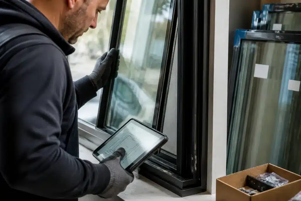 glaszetter die isolatieglas in een kozijn schuift terwijl hij de order op een tablet controleert