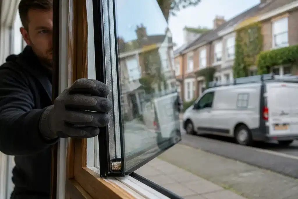 glaszetter schuift isolatieruit in kozijn, met bestelbus op straat op de achtergrond