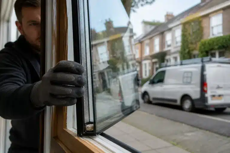glaszetter schuift isolatieruit in kozijn, met bestelbus op straat op de achtergrond