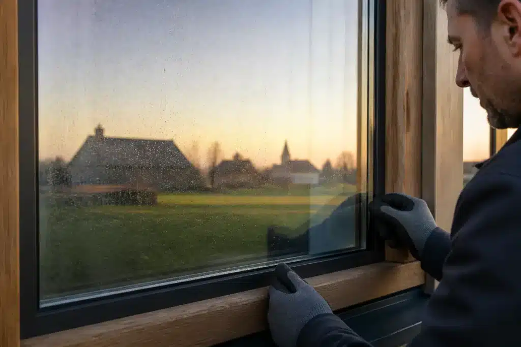 glaszetter plaatst isolatieglas op maat in houten kozijn met weerspiegeling van landelijk dorp