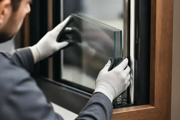 glaszetter schuift een isolatieruit op maat in een modern houten kozijn in een nette werkruimte