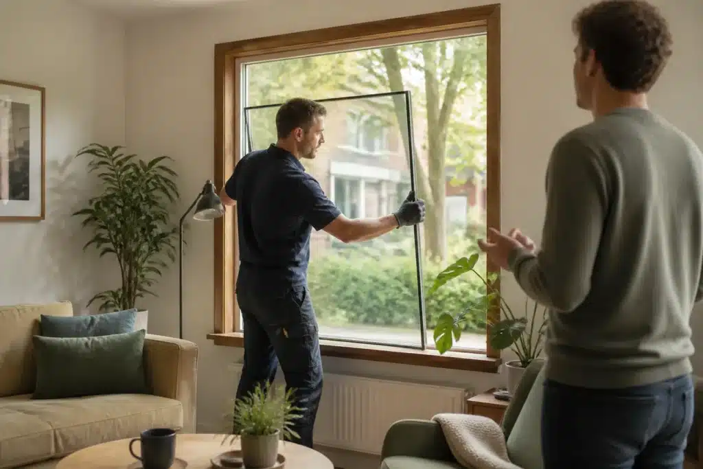 glaszetter schuift isolatieglas in kozijn terwijl bewoner in woonkamer toekijkt