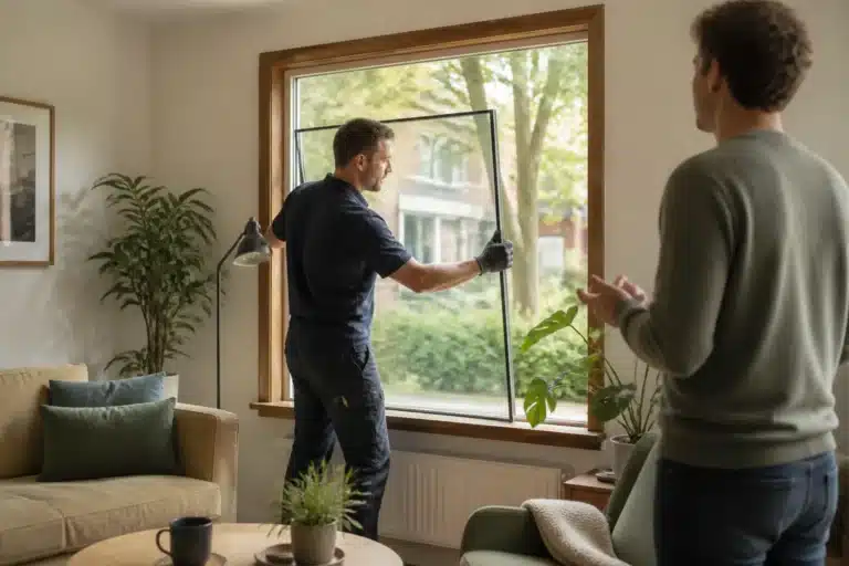 glaszetter schuift isolatieglas in kozijn terwijl bewoner in woonkamer toekijkt