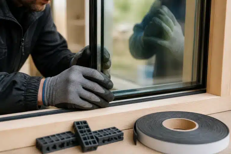 glaszetter die isolatieglas in een kozijn schuift met hulpmiddelen op de vensterbank