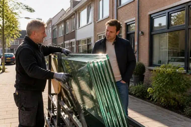 glasplaten schuin gestapeld in een rek op straat, glaszetter en bewoner praten naast een rij huizen