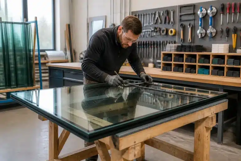 monteur meet een grote ruit dubbelglas op een houten bok in een werkplaats