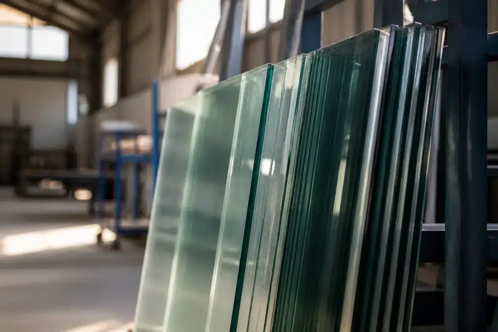 verschillende glasplaten in rek in een werkplaats met licht op de glanzende randen