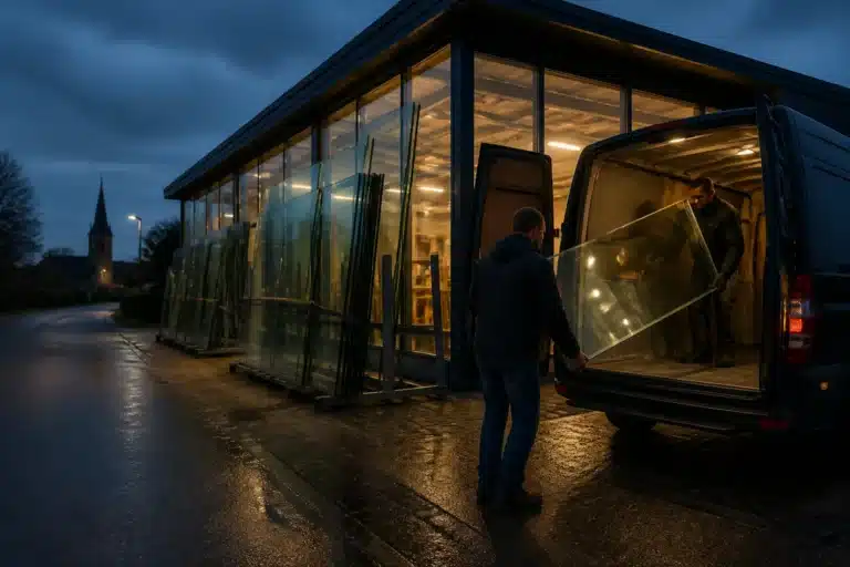 klant en medewerker tillen groot glaspaneel in busje bij glaswerkplaats in staphorst