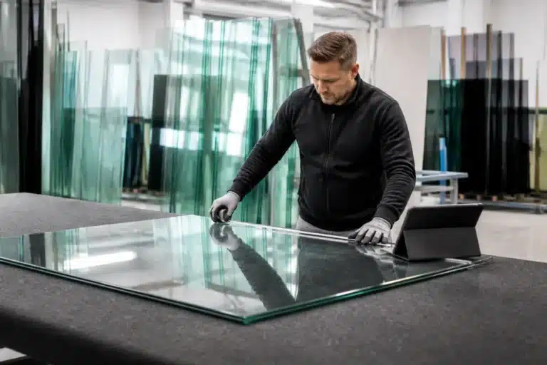 glaszetter meet een glaspaneel op een werktafel op, omringd door verschillende soorten glasplaten in rekken
