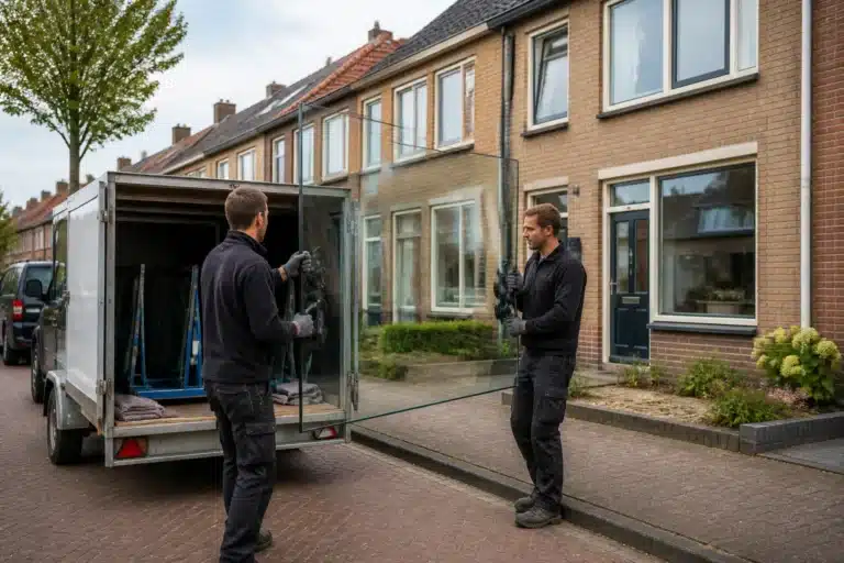 glaszetters tillen met zuignappen een grote ruit uit een aanhanger in een woonstraat in Steenwijk