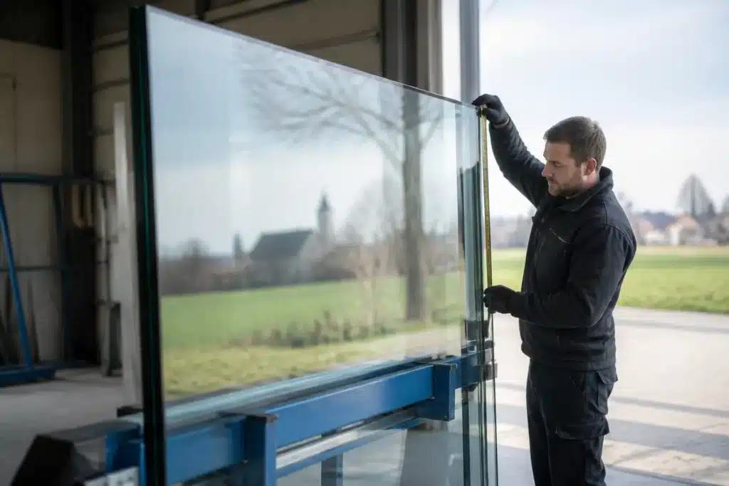 monteur meet een grote isolatieglasplaat op een stalen bok in een werkplaats in dalfsen