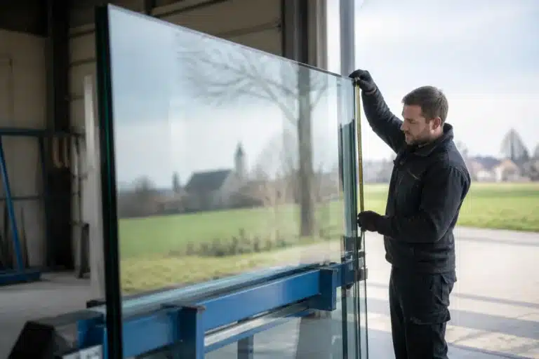 monteur meet een grote isolatieglasplaat op een stalen bok in een werkplaats in dalfsen
